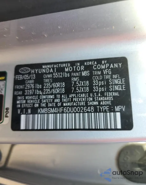 2013 Hyundai Santa Fe Gls from USA, damaged, VIN KM8SM4HF6DU002648